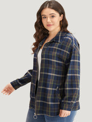 Plaid Lapel Collar Pocket Zipper Fly Coat