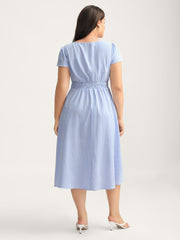 Striped Zipper Front Shirred Waist Midi Dress