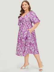 Floral Print Puff Sleeve Pocket Twist Front Dress