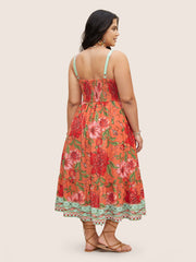 Floral Print Elastic Waist Shirred Cami Dress