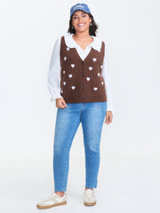 Heart Print Button Front Cardigan Vest