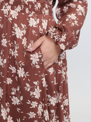 Floral Print Shirred Waist Rayon Midi Dress