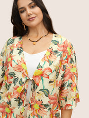 Floral Print Tie Knot Ruffle Sleeve Kimono