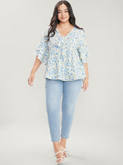 Floral Printed Knotted Front V Neck Ruffle Sleeve Blouse