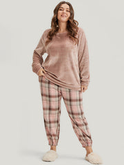 Solid Flannel Round Neck Plaid Pajama Set