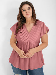 Solid Pleated Ruffled Button Lace V Neck Blouse