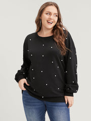 Solid Pearl Beaded Drop Shoulder Sweatshirt