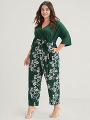 Floral Print Button Dolman Sleeve Pocket Knotted Wrap Jumpsuit