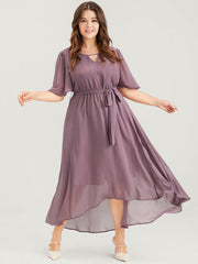Solid Keyhole Neck Ruffle Asymmetrical Hem Belted Maxi Dress