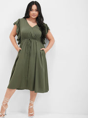 Solid Ruffles Button Ties Pocket Midi Dress