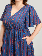 Striped Pocket Split Flutter Wrap Midi Dress