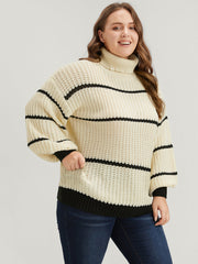 Striped Contrast Pointelle Knit Lantern Sleeve Funnel Neck Knit Top