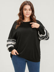 Plain Geometric Tape Fringe Trim Drop Shoulder Sweatshirt