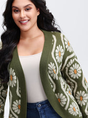 Floral Pattern Jacquard Arc Hem Knit Cardigan