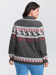 Animal Print Jacquard Polo Collar Knit Cardigan