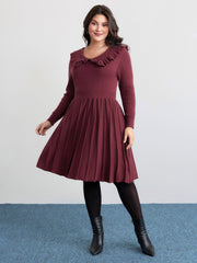 Supersoft Ruffled Neckline Cinched-Waist Sweater Dress