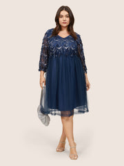 Sequin Tassels Plisse Patchwork Mesh Knee Dress