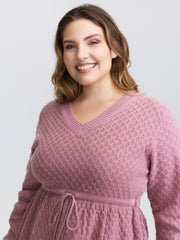 Textured Drawstring Waist V-Neck Sweater Dress