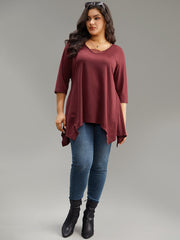 Solid Crochet Lace Mesh Hanky Hem T-shirt