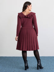 Supersoft Ruffled Neckline Cinched-Waist Sweater Dress
