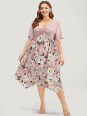Floral Hanky Hem Ruffle Pocket Ruched Drawstring Dress