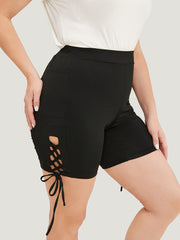 Solid Cut Out Lace Up Shorts