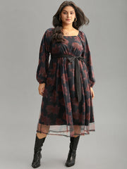 Floral Mesh Belted Gathered Lantern Sleeve Dress