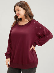 Solid Pearls Beaded Raglan Sleeve Drop Shoulder Sweatshirt