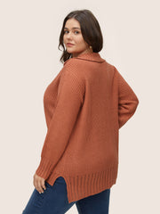 Solid Pocket Pointelle Knit Split Hem Pullover