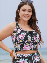 Floral Ruched Knotted Crossover Back Tankini Top