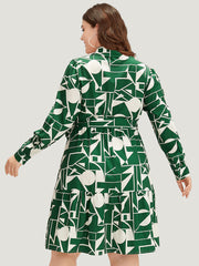 Geometric Shirt Collar Belted Pocket Flutter Dress