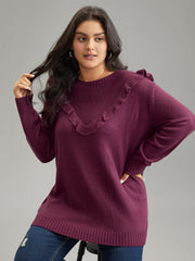 Solid Flutter Trim Plisse Loose Pullover