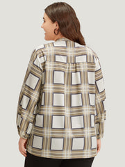 Plaid Shirred Notched Button Up Blouse