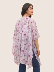 Floral Mesh Split Side Asymmetrical Hem Kimono