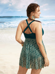Boho Print Patchwork Tie Knot Gathered Swim Dress