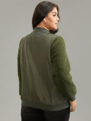 Plain Fuzzy Patchwork Zipper Flap Pocket Jacket
