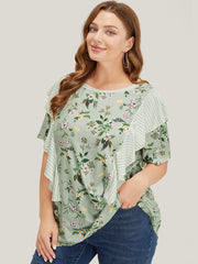 Floral Patchwork Round Neck Striped Ruffle Trim T-shirt