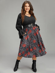 Halloween Rose Ruffles Shirred Elastic Waist Dress