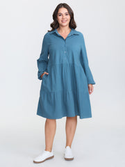 Shirt Collar Button Side Pockets Midi Dress