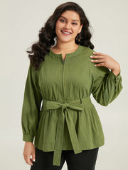 Solid Gathered Detail Belted Zipper Fly Coat