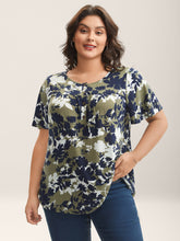 Silhouette Flower Button Placket Jersey Top