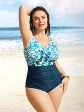 Silhouette Floral Print Patchwork Gathered One Piece Swimsuit