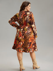 Floral Belted Notched Lantern Sleeve Ruffles Dress