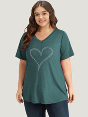 Solid Heart Rhinestone V Neck T-shirt