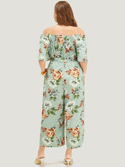 Floral Flutter Sleeve Gathered Belt Pocket Jumpsuit