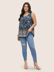 Boho Print Plicated Detail Square Neck Tank Top