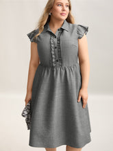 Ruffled Trim Shirt Collar Flared Midi Dress