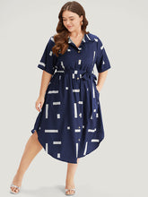 Geometric Print Shirt Collar Button Up Belted Dress