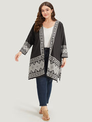 Boho Print Open Front Pocket Split Hem Kimono