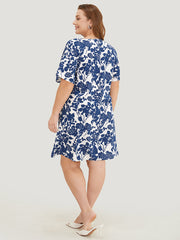Floral Print Batwing Sleeve Pocket Knot Side Dress